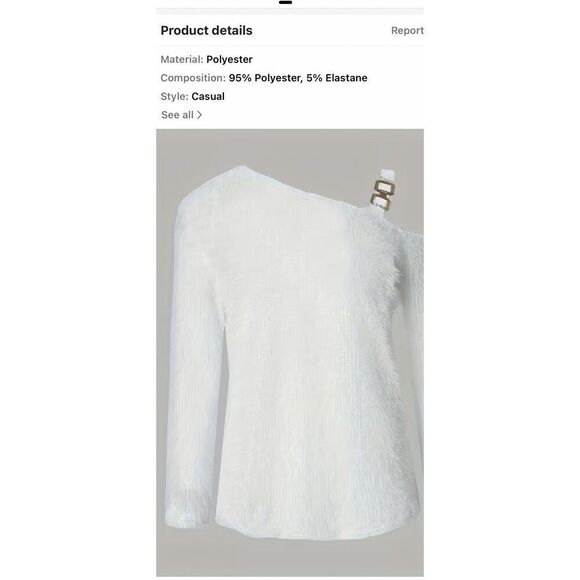 White fluffy slanted shoulder knit sweater one shoulder open with chain link str - Picture 3 of 9